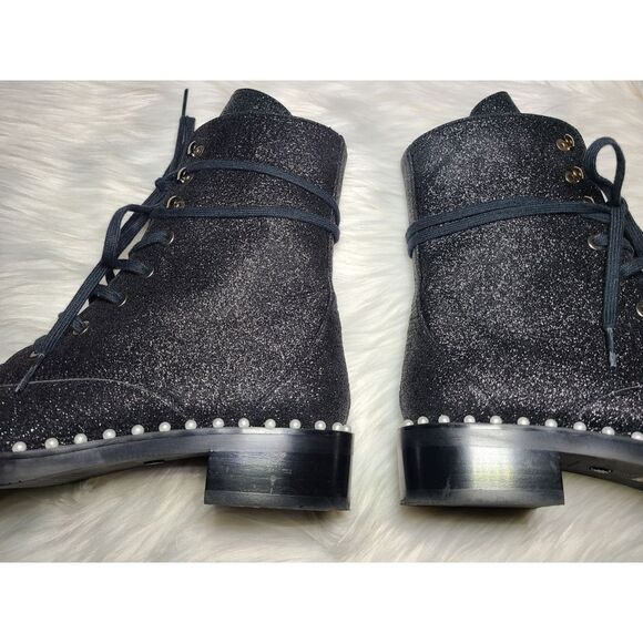 Stuart Weitzman|Sondra Bead Embellished Black Glitter Combat Boots, 6 - Picture 13 of 16